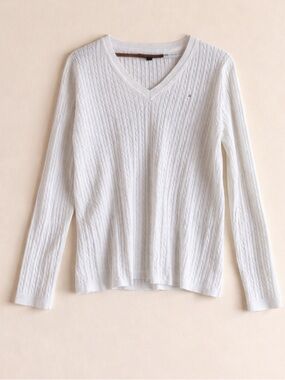 Tommy Hilfiger Cable Knit V-Neck Sweater XL White Classic Preppy Long Sleeve